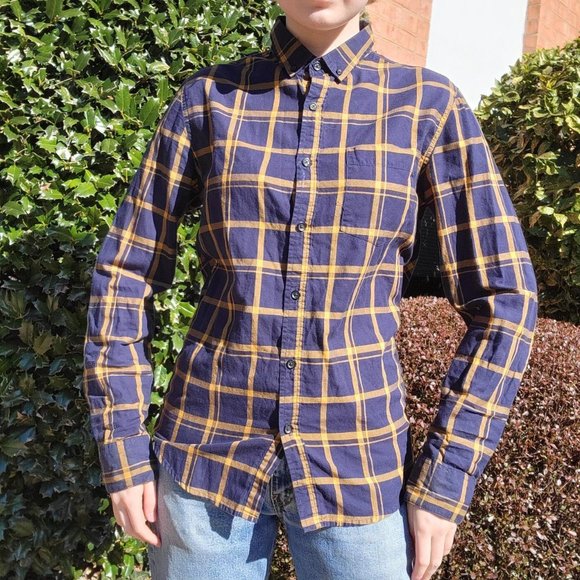 Orange & Navy Back Fringe Plaid Button Down Shirt FINAL SALE